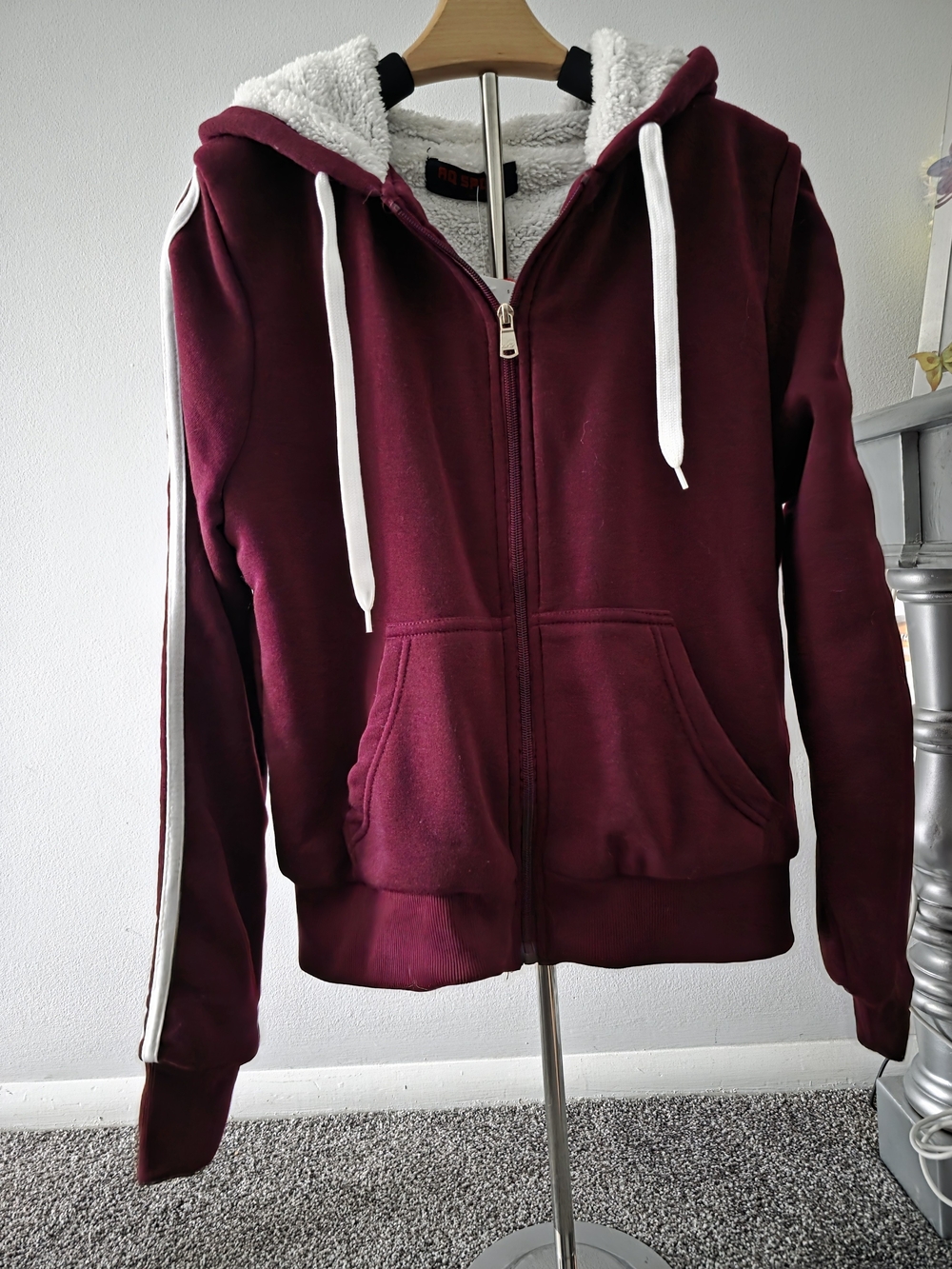 Burgundy Sherpa-Lined Zip Hoodie with White Trim